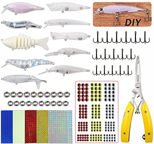 259pcs Unpainted Fishing Lures Making Kit DIY Blank Lure Crankbaits Minnow Jerkbait Hard Bait Set with Treble Hooks, Split Rings, Fish Eyes, Lure Making Supplies Make Your Own Fishing Lures