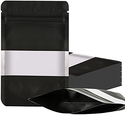 100 sacchetti in Mylar a prova di odore, richiudibili per alimenti con finestra trasparente, sacchetti in stagnola per alimenti autosigillanti (nero, 10,7 x 17,8 cm)