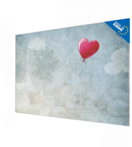 banjado Glas-Memoboard in 120x80cm für Fotos und Notizen im Herzdesign | Glas-Pinnwand für Notizen und Lieblingsfotos, mit Motiv Herzballon im Herzdesign