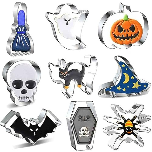 Formine Biscotti Halloween, Set 9 Pezzi Stampi in Acciaio Inox – Zucca, Pipistrello, Fantasma, Strega, Gatto, Ragno, Scheletro, Caramella – Tagliabiscotti per Dolci e Festa di Halloween