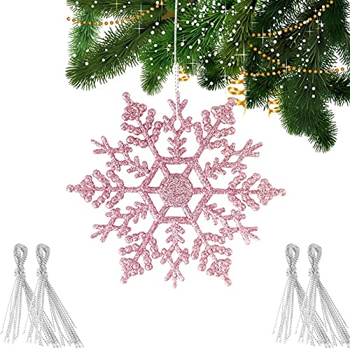 24 Stück Weihnachten Schneeflocken Anhänger Glitzer Rosa Kunststoff Hänge Ornamente Weihnachtsdeko Schneeflocken Deko für Weihnachtlicher Baumschmuck Christbaum Dekorationen usw.