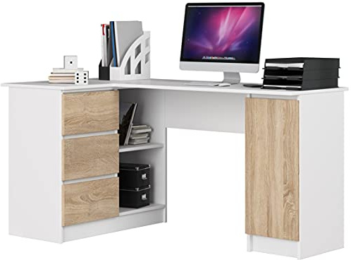 AKORD Eck-Schreibtisch B-20 mit 3 Schubladen, 2 Ablagen und einem Regalfach mit Tür | Schreibtisch | Eck Schreibtisch für Home Office | B155 x H77 x T85, 60 kg | Weiß & Sonoma-Eiche Front