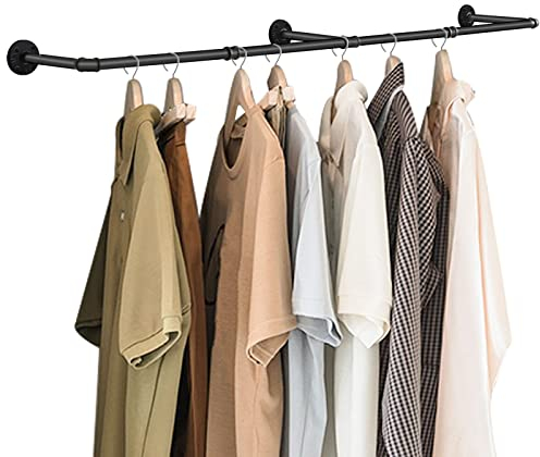 Yawinhe Industrierohr Kleiderstangen,180cm Kleiderbügel für die Wand, Platzsparenders Wandregal Küchenregal mit 3 Basen, für Geschäft, Schwarz, 1-Pack, YMG004