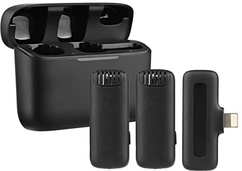 Andoer One-Trigger-One tragbares kabelloses Mikrofonsystem mit 1 Empfänger und 1 Mikrofon mit Clip, Übertragungsreichweite von 20 m, integrierter Akku mit Ladehülle für Telefone