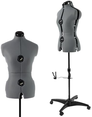 PDM WORLDWIDE Mannequin réglable pour Couture Femme - Taille 34-42 - Corps du Mannequin Gris à épingler avec 13 Cadrans - Base à roulettes en métal Amovible - Plage de Hauteur de 108 à 152,4 cm pour