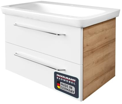 FACKELMANN Milano Badmöbel Set 2 Teile – Waschtisch mit Unterschrank fürs Bad – Waschbeckenunterschrank mit Schubladen in Weiß mit Holz braun – Badschrank hängend – 90 cm breit