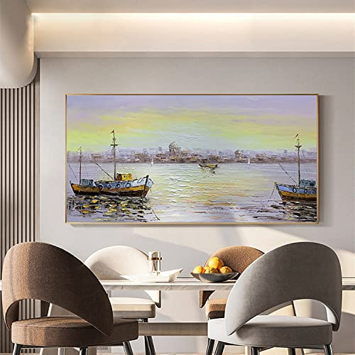 Handgemalte Acrylbilder Abstrakt,Moderne Wandkunst Original Wandmalerei Sonnenaufgang Boot Hafen Fotografie Kunst Handgemaltes Ölgemälde Rahmenlos Strukturierte Kunstwerke Horizontale Wanddekorati
