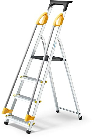 HOSTRÖM Escabeau 4 marches DURAMP sécurisé avec rampes, Tablette Porte-Outils, marchepied Pliable Aluminium, Hauteur Plateforme 75cm, Garantie 5 Ans