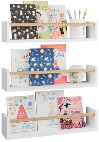 Fixwal Nursery Bookshelves, 16.5 Inch Floating Shelves for Wall Set of 3, Kids Bookshelf for Bedroom, Baby Nursery Decor (White and Natural)
