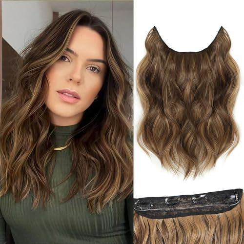 BUPPLER Halo Hair Extensions 12 Inch Invisible Wire Hair Extensions Adjustable Long Wavy Hairpiece Synthetic Upgrade 4 Secure Clips in Hairpieces 12 Inch,Medium Brown Mixed Golden Brown