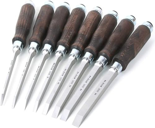 Set scalpelli/scalpelli per mortasa,Set scalpelli per Legno da 8 Pezzi,Acciaio al Cromo Manganese (4/5/6/8/10/12/14/16MM) con Manico in Legno Duro per Intaglio del Legno,carpenteria,rifinitura d