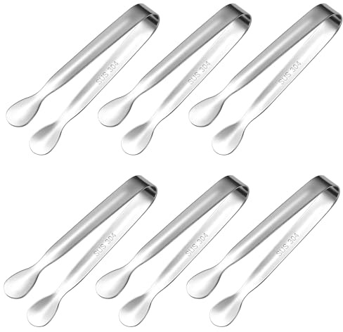 6 PCS Mini Serving Tongs, Mini Sugar Tongs, Ice Tongs, 4.25Inch Stainless Steel Small Serving Tongs, Kitchen Tiny Tongs for Coffee Bar, Appetizers, Tea Party (Silver)