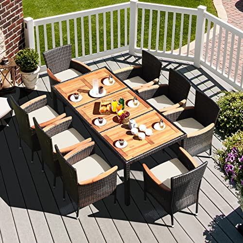 LIFEZEAL 9-teiliges Rattan Gartenmöbel Set, Sitzgruppe mit Gartentisch & 8 Stühlen, Gartenstühle mit Rückenlehne & Kissen, Essgruppe Gartengarnitur für 8 Personen, für Patio Garten (Braun)