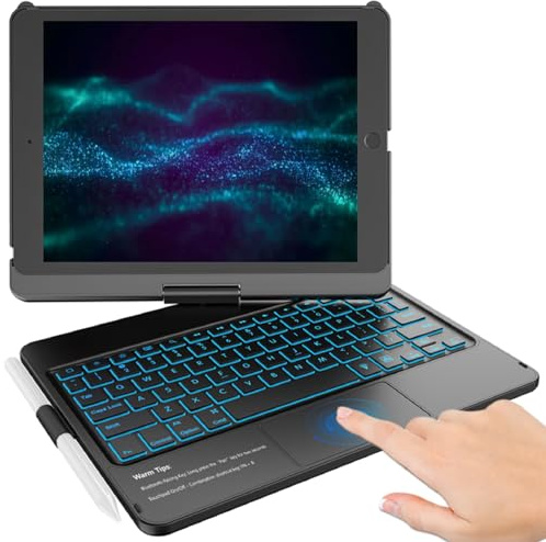 KBCASE Custodia con tastiera touchpad per iPad 9a/8a/7a generazione, nero | Tastiera Trackpad retroilluminata, custodia girevole a 360° per iPad 10,2, con portamatite