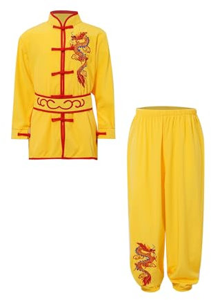 HULIJA Kinder Jungen Chinesisches Traditionelles Wushu Anzug Langarm Kung Fu Oberteil + Lang Hose + Gürtel Kampfkunst-Outfits Gelb 122-128