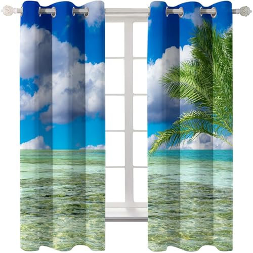 MTBDDyyds Vorhänge Für Kinderzimmer Jungen - 3D Himmel Wolken Strand Landschaft 170X200Cm - Kinderzimmervorhänge Mit Ösen, Verdunkelungsvorhang Gardinen Schals Vorhang Blickdicht