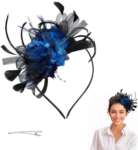 TICKLELY Fascinator Damen，Damen Fascinator Hut Blume Mesh Federn Clip Kopfschmuck Haarschmuck FüR Party Kirche Hochzeit Cocktail Jockey Club（Schwarz Saphirblau）