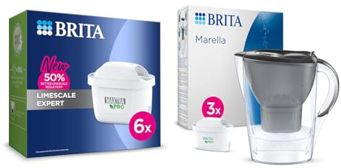 BRITA MAXTRA PRO Limescale Expert Water Filter Cartridge 6 Pack (NEW) - Original BRITA Refill & Marella Water Filter Jug Graphite (2.4L) Starter Pack incl. 3X MAXTRA PRO All-in-1 Cartridge
