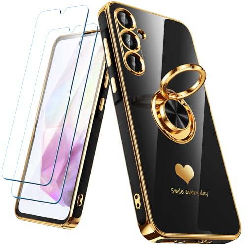 Nonional for Samsung Galaxy A35 5G Case with 2 Pack Screen Protector, 360° Rotatable Ring Holder [Luxury Hearts Pattern] Plating Gold Edge Slim Soft Phone Cover Case for Galaxy A35 - Black