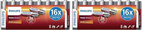Pilas AA Philips Value Pack - Pilas en Paquete de 32 Piezas - Pilas alcalinas - LR6 - Vida útil de hasta 10 años - Apto para Varios Dispositivos - Sin cadmio ni Mercurio
