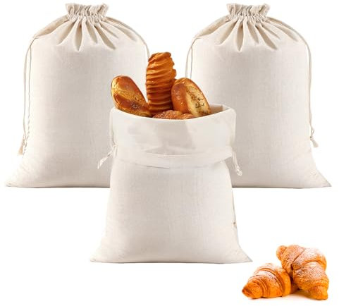 3 Sacchetti per Pane, 40 ×30 cm Sacchetto Pane Salvafreschezza con Coulisse, Sacchetti per Alimenti Ecologici Riutilizzabili per Prodotti da Forno Fruttae Verdura