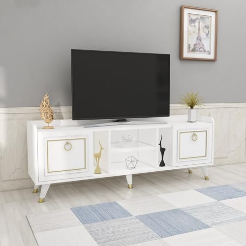 Hanah Home Elegant TV Unit with Iron Legs, White & Gold, 150 cm x 55 cm x 35 cm | 100% Melamine Coated Particle Board, 18 mm Thick | Stylish & Durable Design