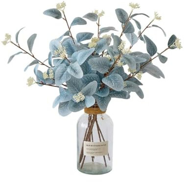 Flores 3 Unidades de 50 cm Flores Artificiales de Cerezo, Plantas Artificiales Decorativas, Flores Artificiales Decoracion para Hogar, Bodas, Fiestas, Oficinas, Balcones y Jardines (Eucalito Celeste)