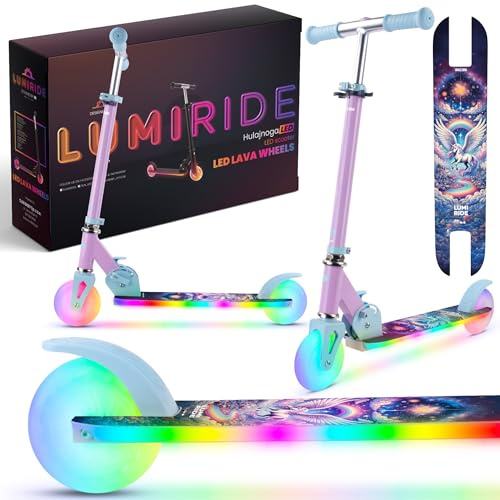 LUMI RIDE Sparkcykel Barn 2 hjul, trehjuling skoter från 3 år, LED - 7 färger, 20 program - 3 nivåer av styrhöjdsjustering, fotbroms, avtagbara handtag (Enhörning)