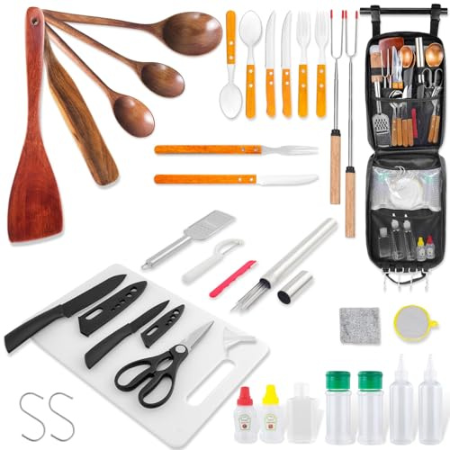 Wesqunie Ustensiles de cuisine de camping pour l'extérieur – Organiseur à suspendre + spatule en bois antiadhésive Kit de cuisine, camping, camping-car et feu de camp