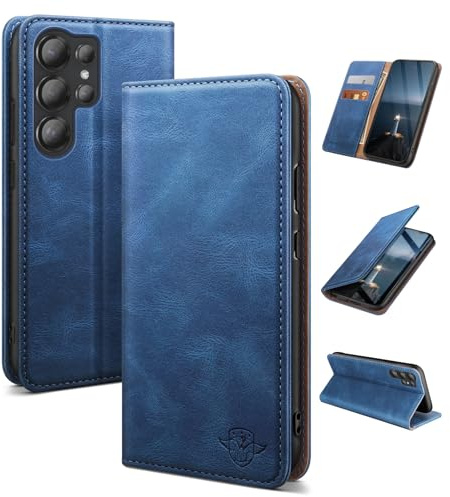 SUANDUCK für Handyhülle Samsung Galaxy S24 Ultra Hochwertige Klapphülle aus Leder mit RFID-blockierendem Kartenfach verstellbarem Ständer und 360°Fallschutz mit Samsung S24 Ultra Hellblau