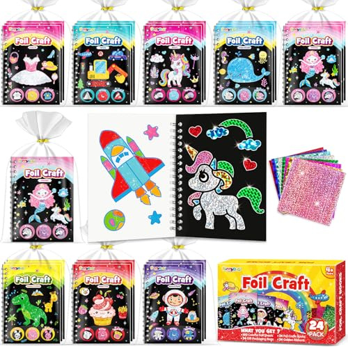 FUNNYB&G Foil Art Party Favors for Kids - 24 Pack Foil Art Crafts Kits Coloring Books, Goodie Bag Stuffers Party Favors for Kids 4-8 8-12, Bulk Birthday Classroom Prizes Girls Boys Gifts (Classic)