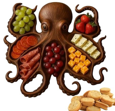 Plato De Charcutería De Pulpo - Bandeja Náutica Para Queso | Platos De Madera | Bandeja Servicio Náutica | Tabla De Pan De Queso Con Temática Oceánica | Decoración De Cocina