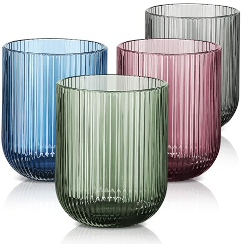 Joeyan Drinking Glasses Set of 4, 260ml/9oz Vintage Origami Style Water Glass Tumbler, Colored Ribbed Fluted Ripple Glassware Beverages Cup for Whisky, Cocktail, Beer, Juice, Tea, Wine