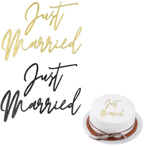 Lot de 2 Cake Toppers Just Married | Décorations de Gâteaux en Acrylique Just Married | 10 x 9 cm Pour Mariage et Anniversaire (Noir + Or)