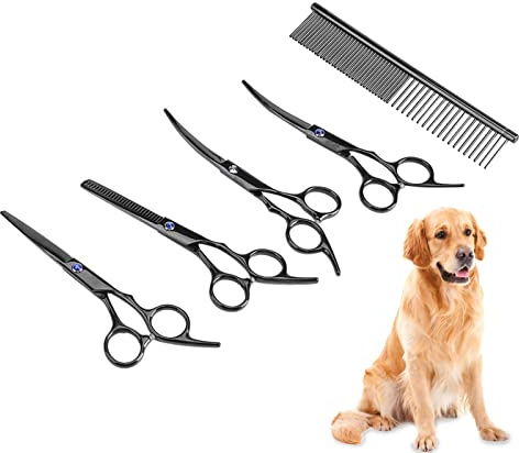 EIMSOAH 7-teiliges Fellpflege-Scheren-Set für Haustiere, Professionelles Edelstahl-Friseurscheren-Set für Hunde und Katzen mit Kamm und Etui, Zum Schneiden und Ausdünnen von Tierhaaren