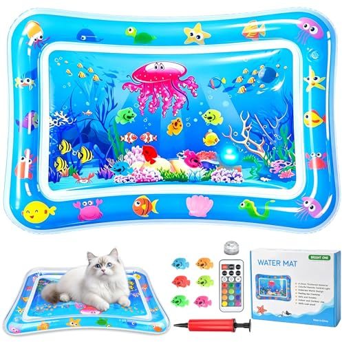 Cat Cooling Water Mat, Pet Cooling Mat for Cats, Interactive Cat Toys Indoor Cats Adult kitten, 60x40CM Thickened PVC Cooling Heating Water Bed with Floating Fish & Led Light, Cats Enrichment