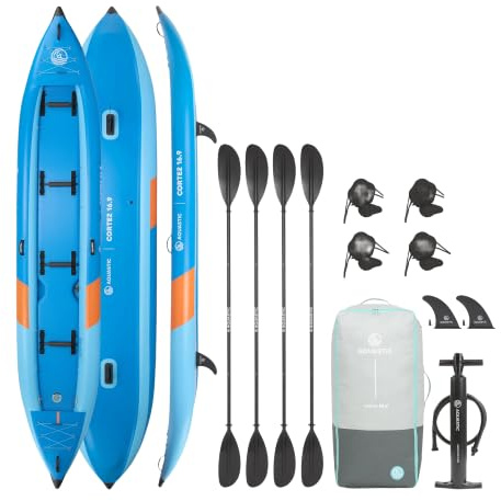 AQUASTIC Cortez 16'9 aufblasbares Hybridkajak für 4 Personen bis 340 kg | 510 x 88 cm mit Drop-Stitch-Boden, 3 Luftkammern, 4 Sitzen, 4 Paddeln, Pumpe, Rucksack und 2 Finnen