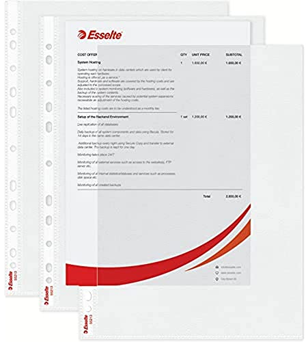 Esselte Prospekthüllen Standard Plus A4, 100 Stück durchsichtige, gestanzte Hüllen, 30% Pre-Consumer-Recycling-Kunststoff, 100% recycelbar, oben und links öffnende Kunststofftaschen, 85 Micron, 55213