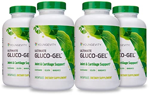 Youngevity Ultimate Gluco-Gel -for Bones, Tendons, Bones & Cartilage | Contains Glucosamine, Gelatin & Manganese | 240 Capsules | 4 Bottle