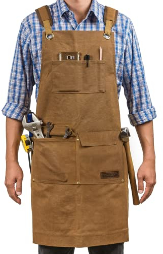 Luxury Waxed Canvas Shop Apron | Heavy Duty Work Apron for Men & Women with Pocket & Cross-Back Straps | Adjustable Tool Apron Up To XXL | Long, Thick, Water Resistant Workshop Apron in Gift Box