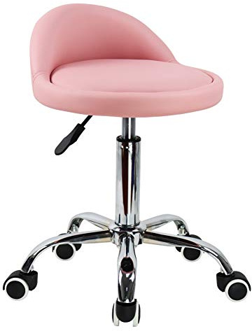 KKTONER PU Leather Round Rolling Stool with Back Rest Height Adjustable Swivel Drafting Work SPA Task Chair with Wheels (PINK)