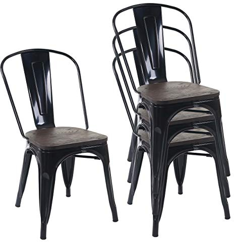 Mendler 4er-Set Stuhl HWC-A73 inkl. Holz-Sitzfläche, Bistrostuhl Stapelstuhl, Metall Industriedesign stapelbar - schwarz