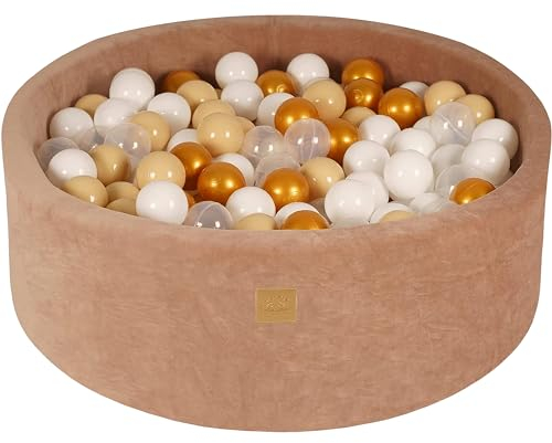 MEOWBABY Bällebad Baby - Rund 90x30cm Ballgruben für Kinder mit 200 Bälle, Samt, Beige: Gold/Beige/Weiß/Transparent