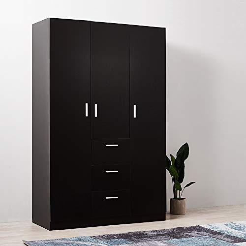 Panana Wooden 3 Doors 3 Drawers Wardrobes with Hanging Rail and Storage Shelves Modern Large Clothes Cupboards Unit for Bedroom Furniture (Black)