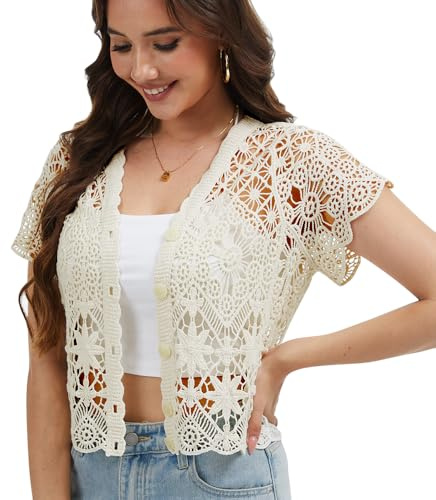 Cárdigan abierto de encaje de ganchillo de manga corta para mujer, Beige, Talla única