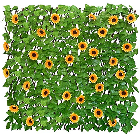 Sumery Expandable Fence Privacy Screen for Balcony Patio Outdoor,Decorative Faux Ivy Fencing Panel,Artificial Hedges (Single Sided Leaves) (1, Sunflowers)
