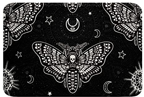 Sunnybed Gothic Badematte,Totenkopf Motte Badeteppiche Teen Skelett Knochen Boho Fußmatte Bohemian Mandala Schmetterling Bodenmatte Badezimmer Dekor Matte mit Rutschfester Rückseite,Schwarz,20''X32''