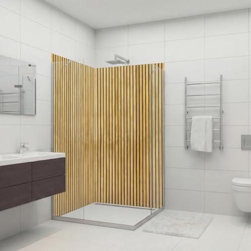 dedeco Eck-Duschrückwand wasserfest Motiv: Holz V7, 2 x 90x200 cm, als Badrückwand zum Fliesenersatz, als Dekorwand, Wandverkleidung und Duschplatte aus Aluminium - Made in Germany