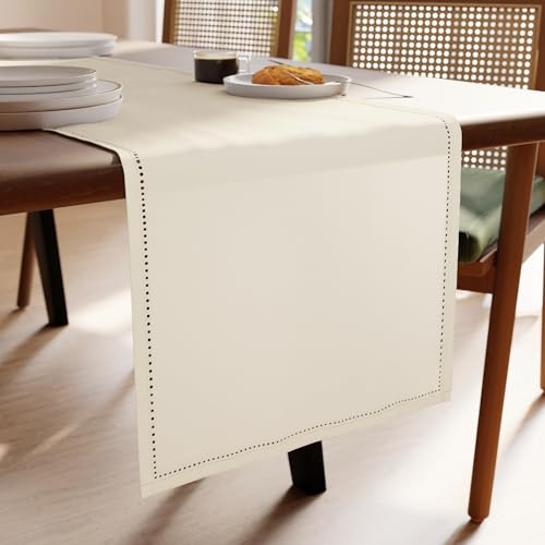 Encasa XO Runner da Tavolo | Puro Cotone con Design Orlato | Dimensioni 32x150 cm | Naturale - Lavabile in Lavatrice