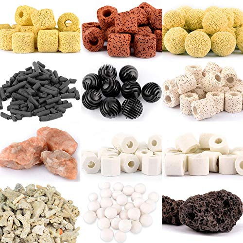 Mei Ting Aquarium Filter Media: 12-in-1 Bio Balls & Ceramic Rings Kit (1000g) for Fish Tank or Pond - Includes Zippered Mesh Bag